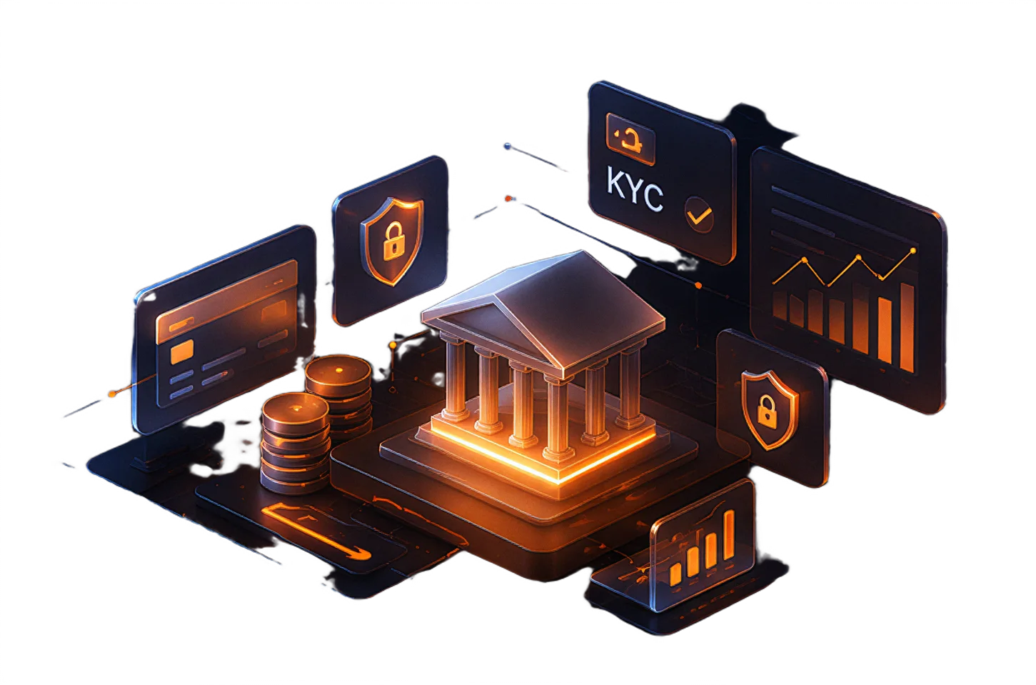 Isometric illustration of a bank with KYC, security and analytics panels