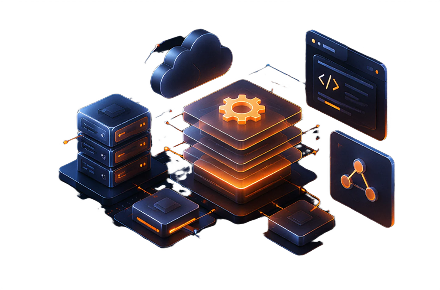 Isometric illustration of enterprise systems connected to a central AI platform
