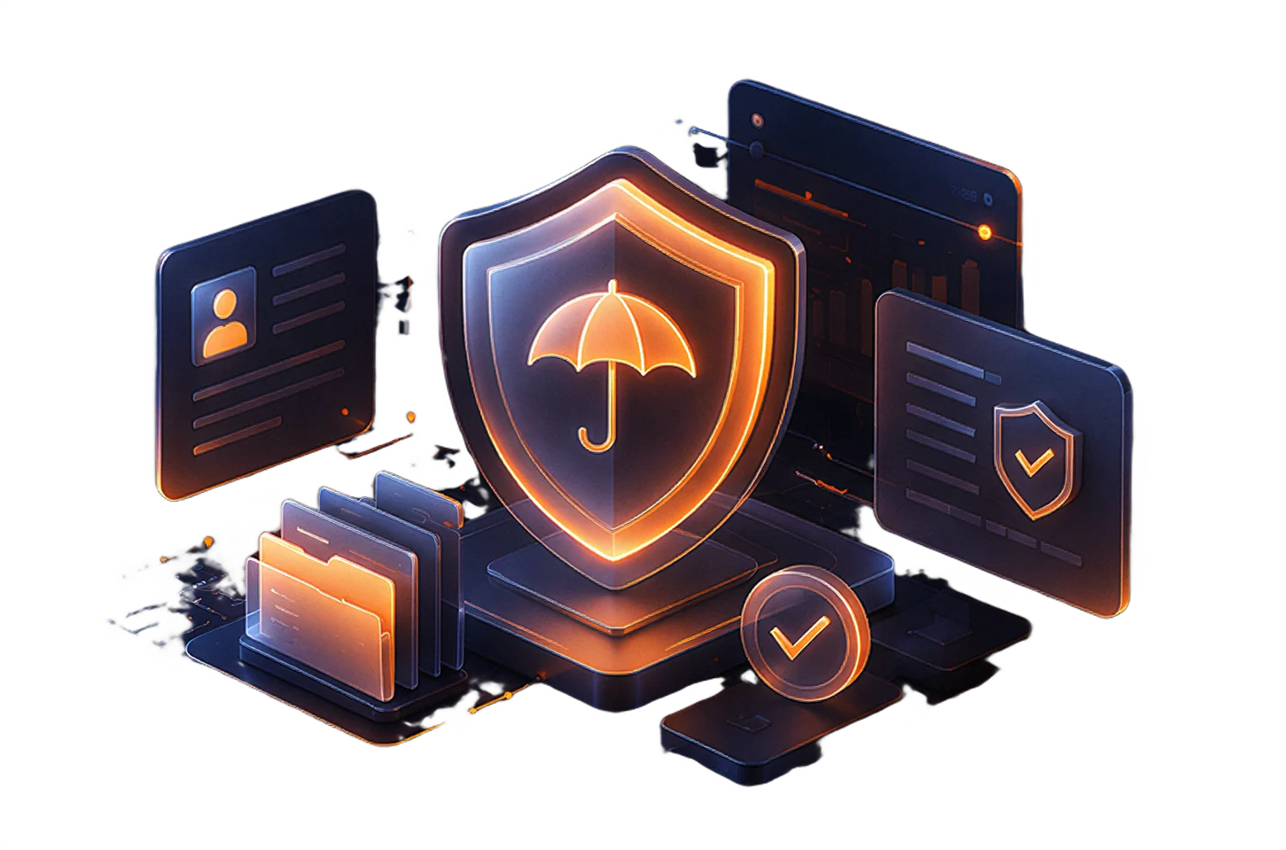 Isometric illustration of an insurance shield with claims documents and policy panels