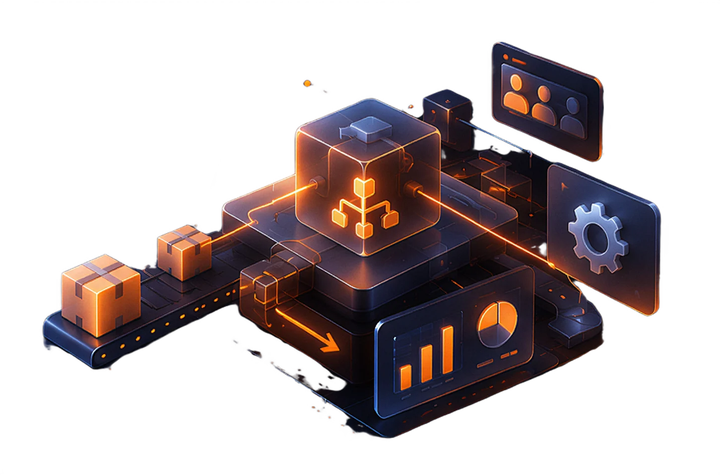Isometric illustration of AI agents running enterprise operations workflows