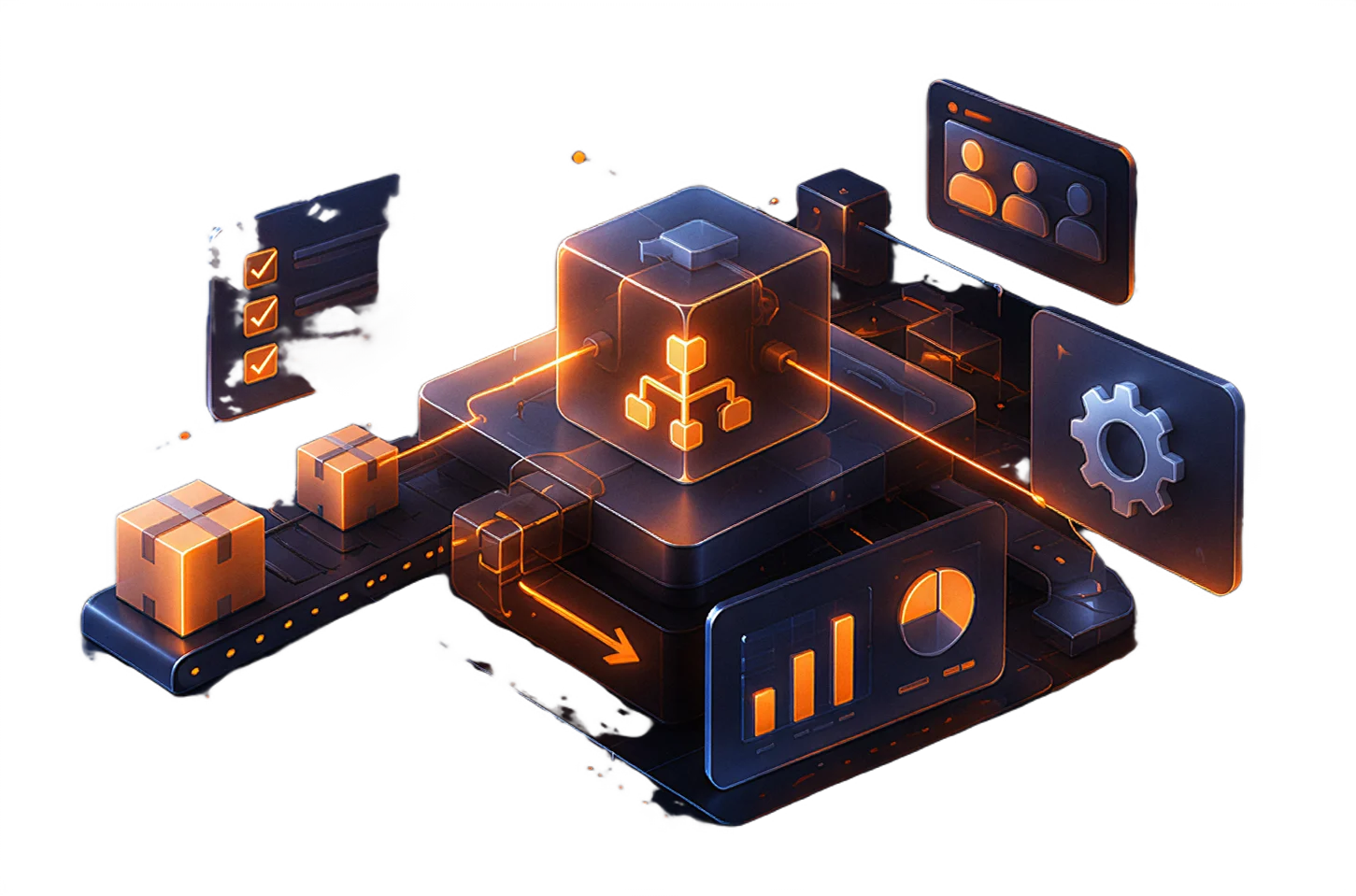 Isometric illustration of an automated operations workflow with documents and dashboards