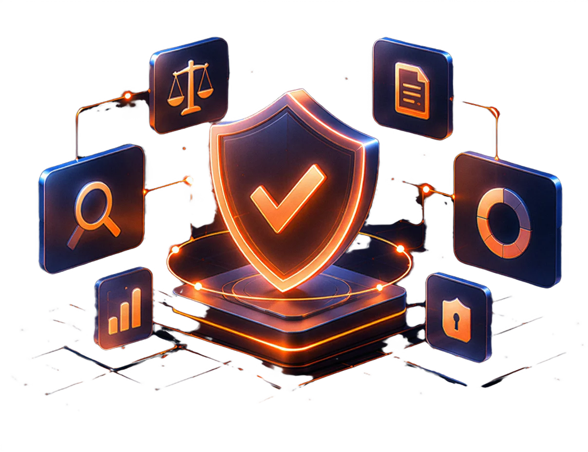 Isometric illustration of compliance evidence, audit trails and approval controls