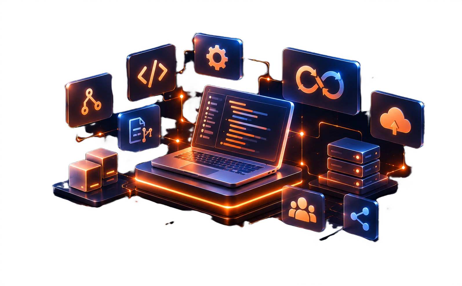 Isometric illustration of a laptop with code, pipelines and engineering tools